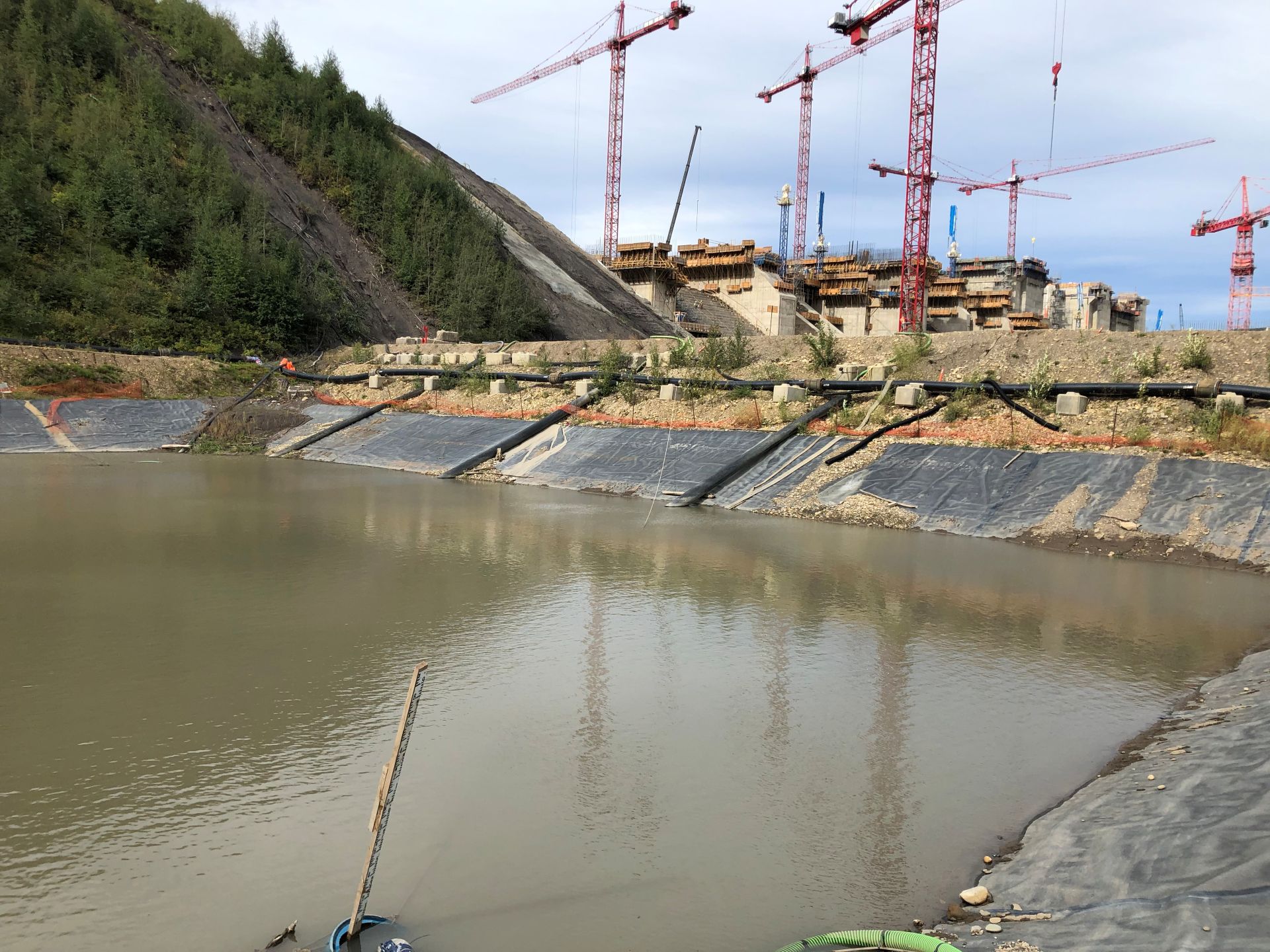 body of water with cranes in background