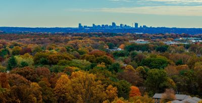 aerial view of fairfax county with skyline in the distance