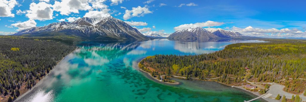 aerial view of whitehorse yukon territory with mountains and river