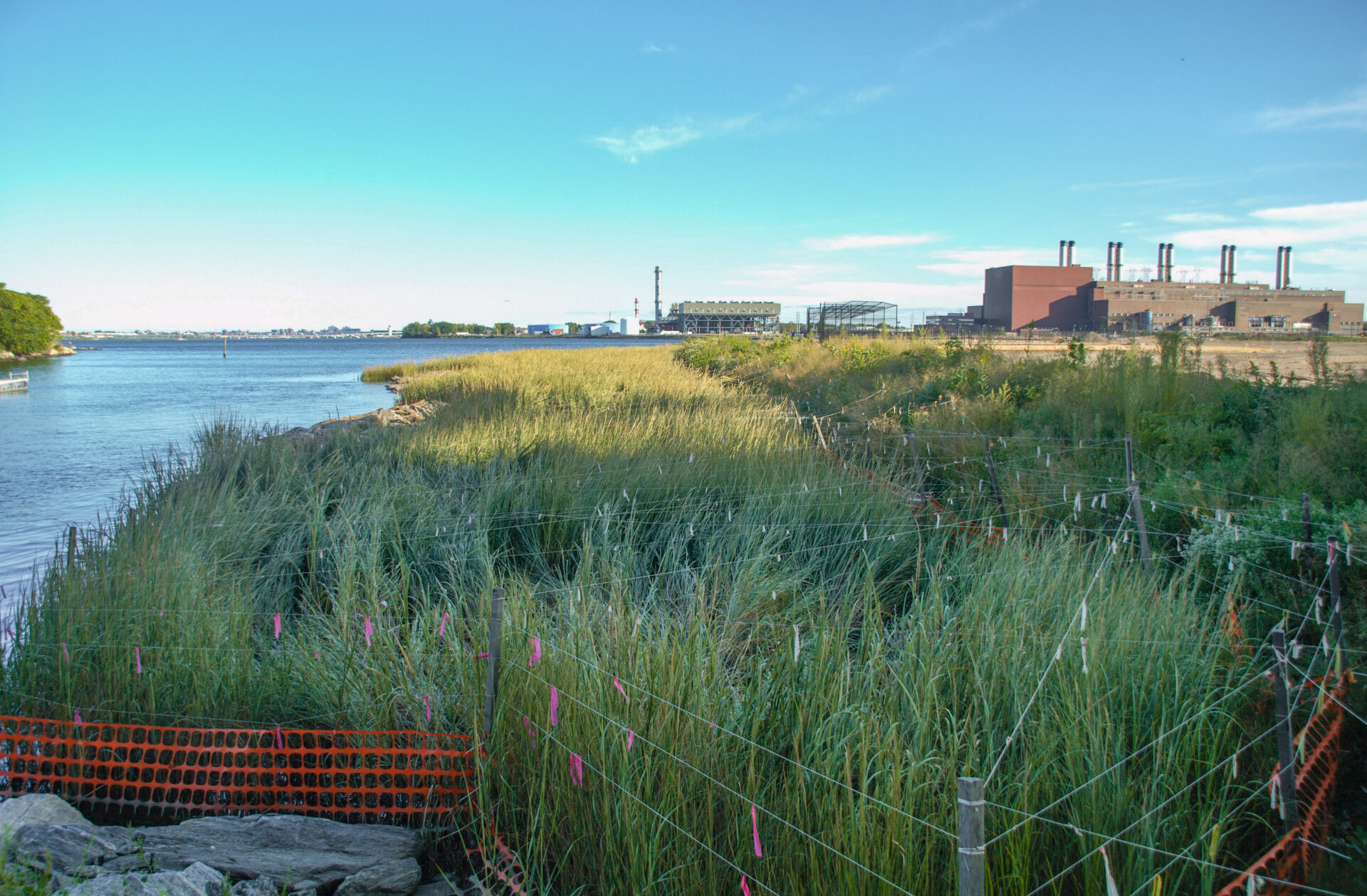 grassy plantings on waterway with factories in the distance