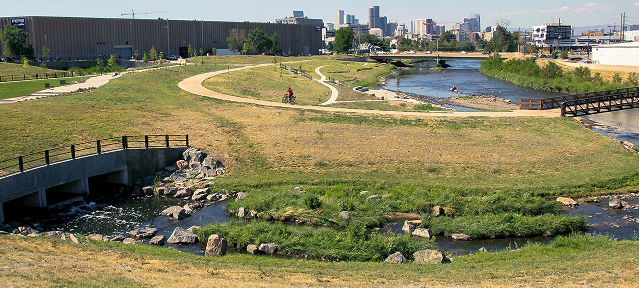 overview shot of park and stream