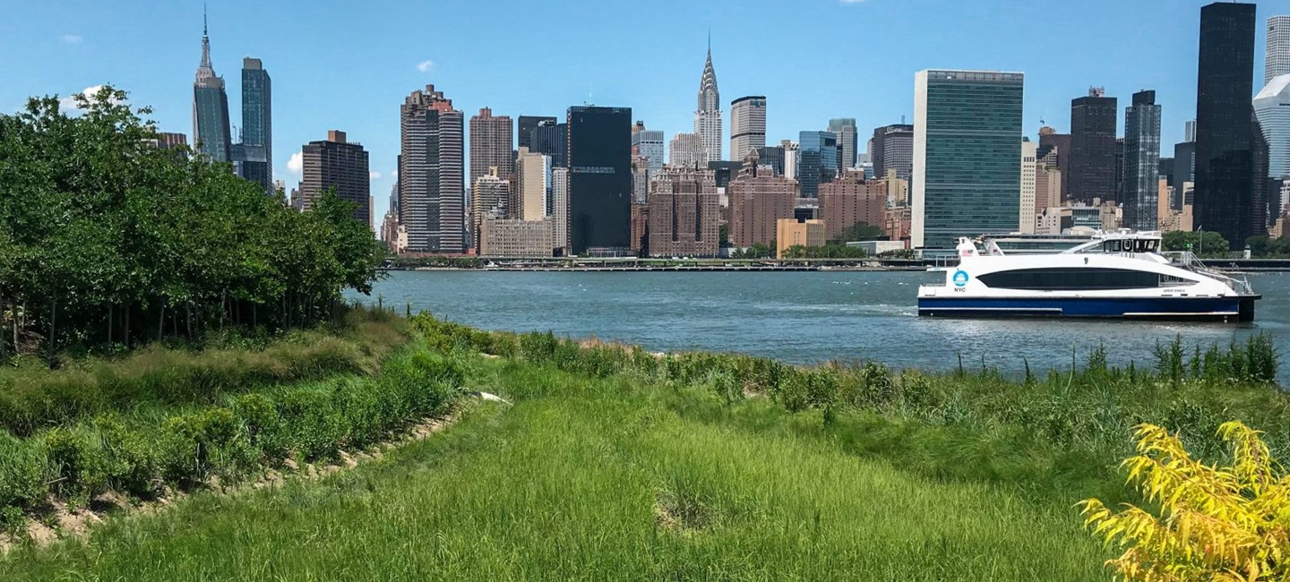 greenspace with skyline in the distance and nyc ferry moving on river