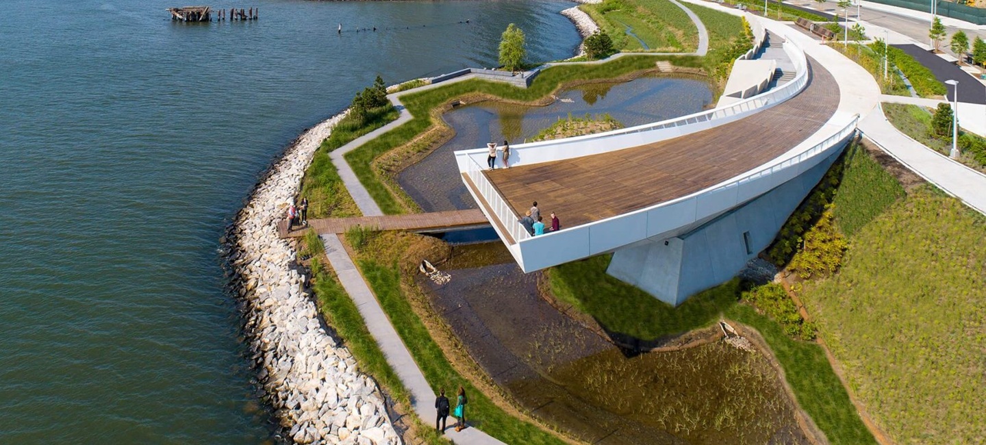 aerial view of park on the water