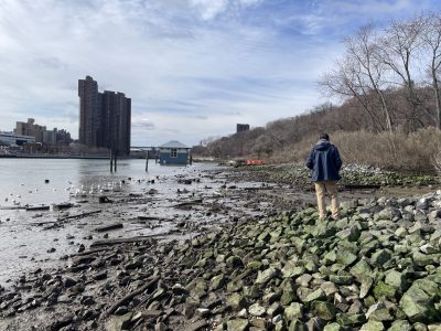 man walking on rocky shoreline with water on the left and a building in the distance