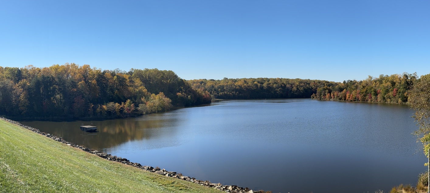 large dam with trees in distance taken from hill