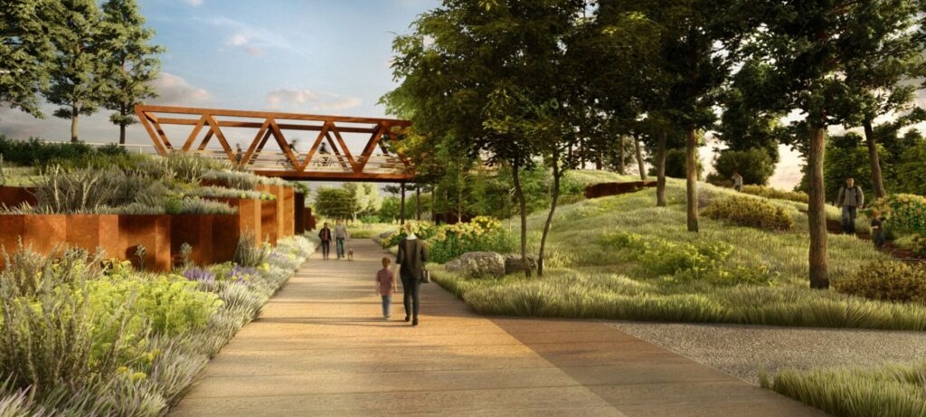 rendering of park with bridge overpass