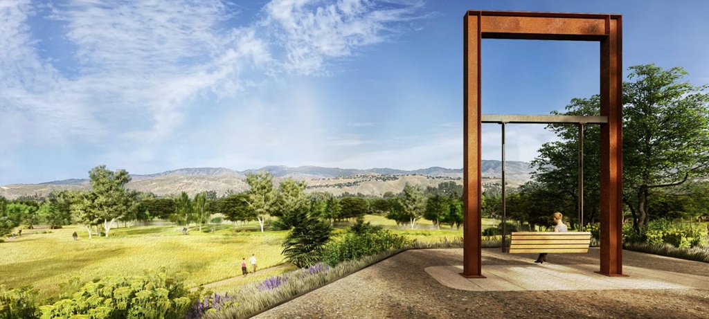 rendering of park with child on large swing overlooking field and mountain in distance