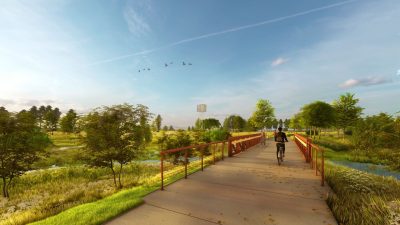 rendering of park scene with someone biking over a bridge