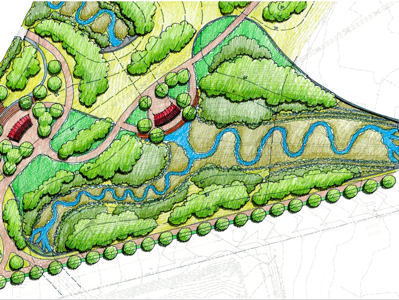 concept plan rendering for stream channel at park