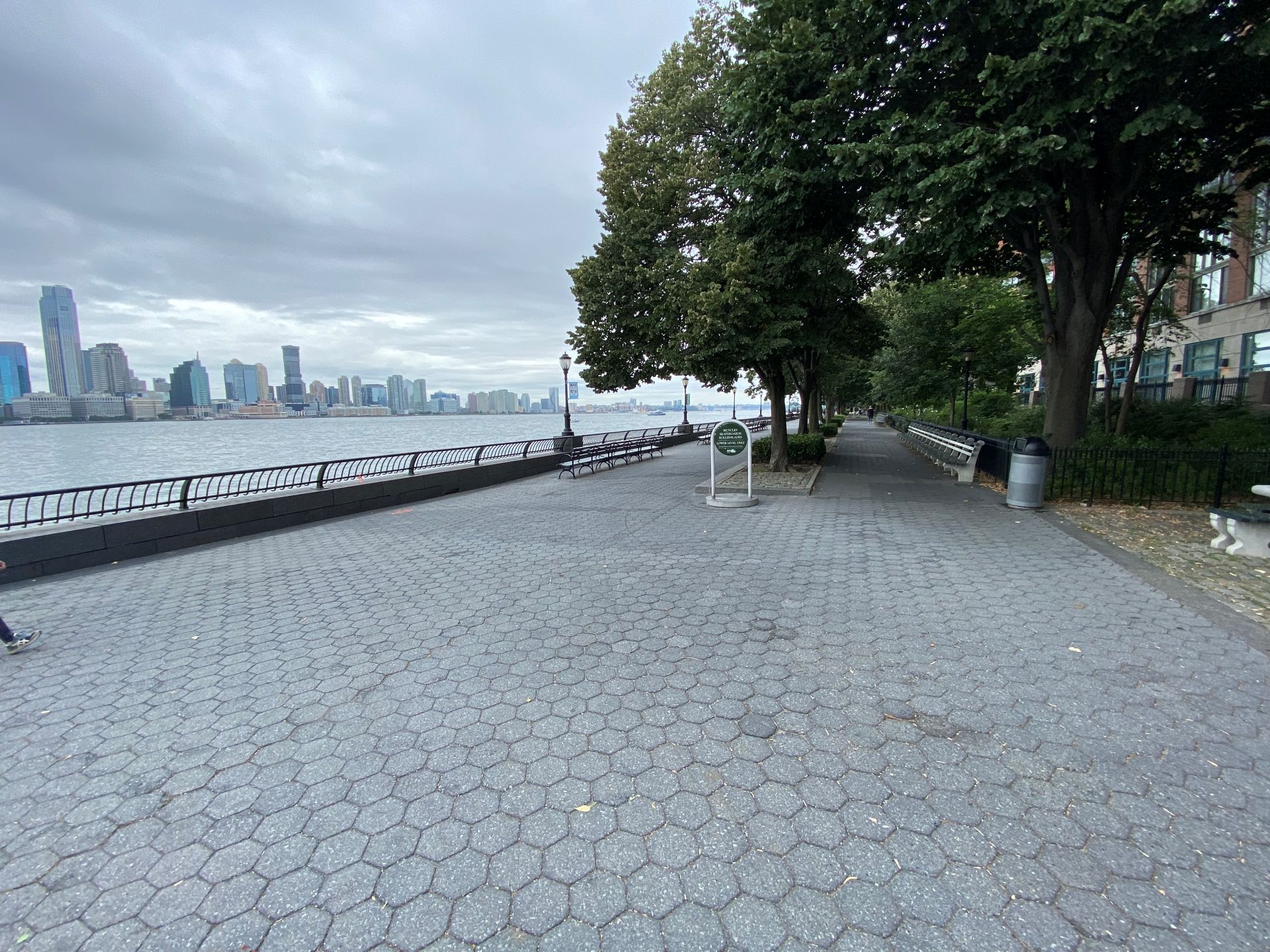 view of park on waterfront with skyline on the left