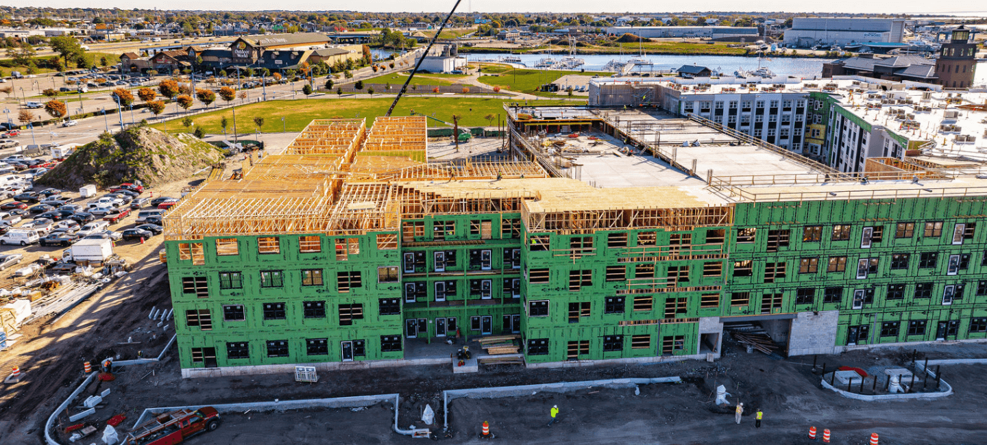 aerial view of building under construction steelpointe redevelopment